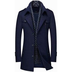 Men's Navy Wool Blend Coat Warm Winter Trench Coat With Detachable Soft Scarf